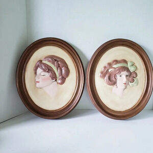 Vintage Set of 2 1975 Duncan Ceramics Cameo Lady Faces  Wall Plaques.